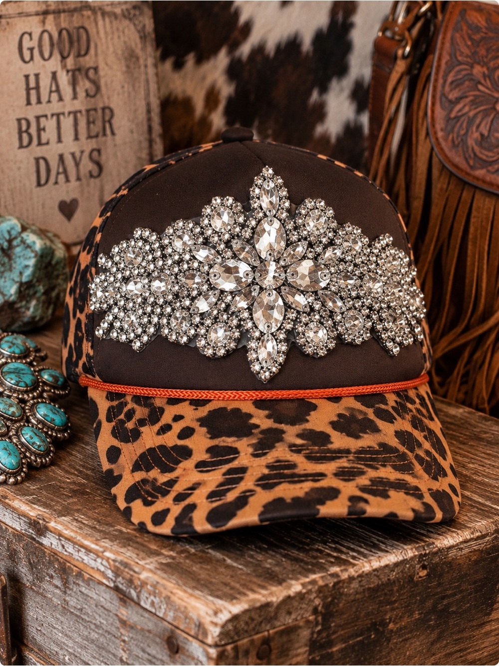 Western Leopard Rhinestone Statement Trucker Hat Cowgirl Bling Boutique Cap